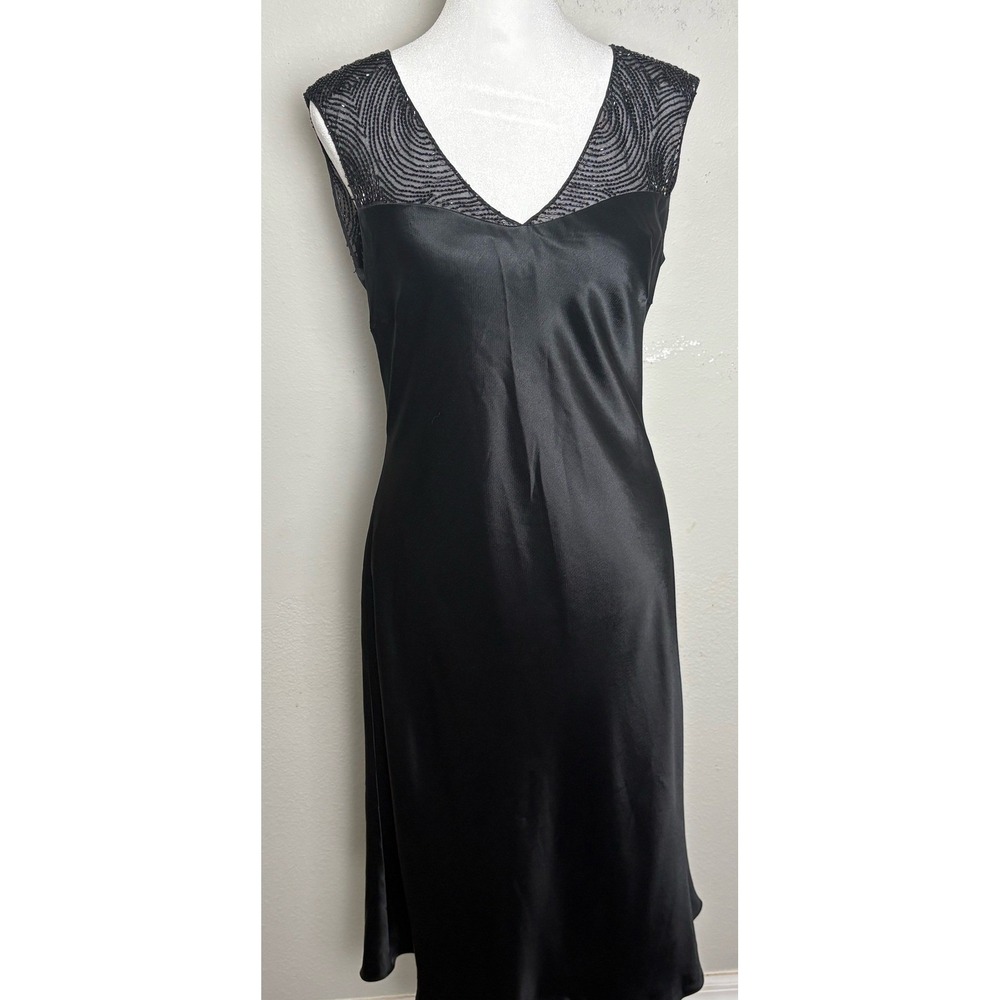 Jones New York Dress Womens 8 Black Satin Beaded Mesh Sheer Back Midi Cocktail - Picture 3 of 9